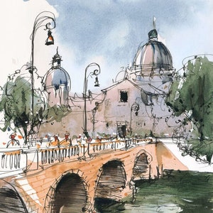 Roma, Ponte sul Tevere, paesaggio, Paesaggio urbano, Schizzo dipinto a inchiostro e acquerello. Acquarelli Urbani. Piccola opera d'arte artistica colorata.