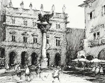 Verona ink pen drawing. City Travel Illustration. Impressionist artwork. Wall Art decor from Italy.