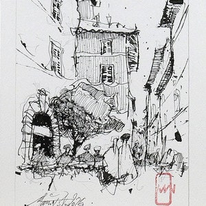 Roma-Trastevere, disegno a inchiostro su carta da 5 x 7 pollici. Illustrazione a inchiostro in bianco e nero.