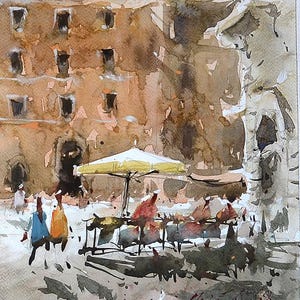 Roma Watercolor Landscape, Artistic Urban  Watercolor Painting Architecture. Roma in Watercolor Art Image. Home Decor Art.