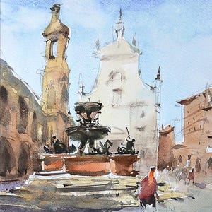 Watercolor painting of Loreto Italy, Pilgrimage own. Loreto Original Watercolor Painting for Art Lovers. Impressionist Aquarelle Art.