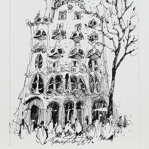 Batllo House Ink Drawing, Barcelona, Spain, Original ink drawing on paper. Travel sketchbook art.
