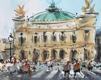 Paris Opera Original Watercolor Painting. Parisian street view painting. Paris Aquarelle