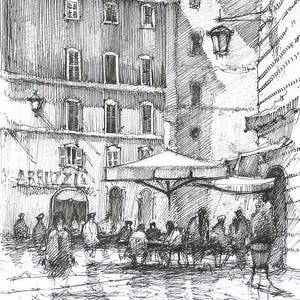 Roma, Piazza della Rotonda, Italia, Disegno originale a penna a inchiostro, Roma, Arte in bianco e nero, Illustrazione unica di una città italiana disegnata a mano.