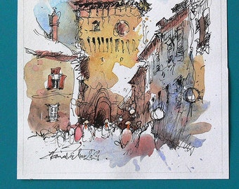 Urban Sketch, peinture à l'encre et aquarelle de la ville de Transylvanie, carnet de croquis aquarelle. Croquis de voyage