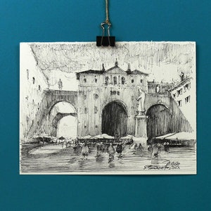Tuschezeichnung von VERONA Stadtkern, Skizzenbuch Reise Zeichnungen. Urban Skizzen Kunst. Tuschezeichnung Illustration. Italien Großstadt Landschaft.