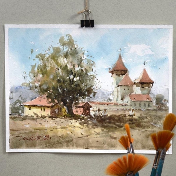 Original rural watercolor landscape painting. Countryside landscape painting.