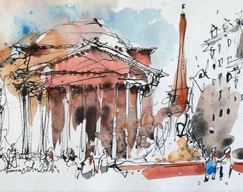 Rome Watercolor Painting. Rome Loose Style Aquarelle. Ink and Watercolor Urban Sketch. Travel Art