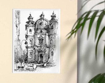 Dessin d'architecture de croquis à l'encre du centre-ville de Vienne. Dessins de Vienne. Petites oeuvres d'art impressionnistes en noir et blanc pour la maison. De l'art à offrir.