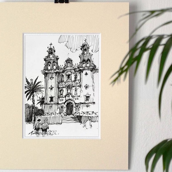 Huelva Spain, urban sketch art, Black and White sketch drawing. Original hand draw artwork. Home decor artwork illustration. Collectible art