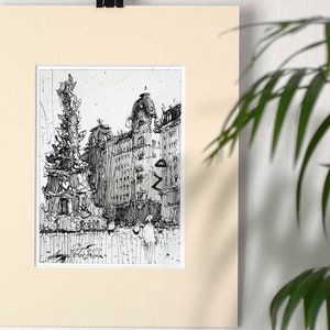 Weense inkttekening: zwart-witillustratie stadsgezicht (5 x 7 inch, gemonteerd 9,5 x 11,8 inch)