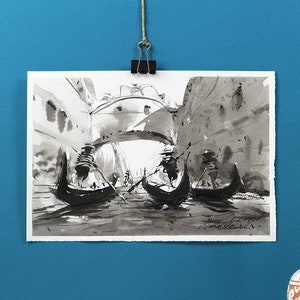 Bridge of Sighs, oryginalny obraz tuszem. Ilustracja szkicu tuszem, Włochy. Podróże, impresjonistyczna sztuka. Rysunki prezentów na parapetówkę do domu.