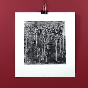 Nachtlandschaft Linolschnitt Kunst, Original handgedrucktes Kunstwerk. Dorf Nacht Häuser Linolschnitt Illustration. Wand Kunst Wohnkultur.