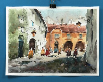 Romanian Urban Watercolor Landscape. Original Watercolor Painting. Colorful Aquarelle. Wall Art Home decor