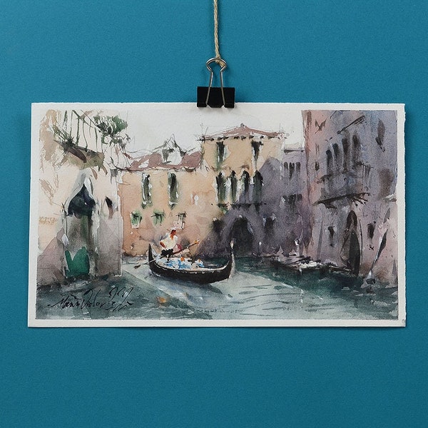 Aquarelle originale, Venise, scène avec gondole. Peinture de paysage de Venise. Célèbre paysage urbain italien. Petit art artistique aquarelle