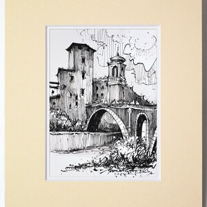 Disegno originale a penna a inchiostro di Roma. Disegno a schizzo a inchiostro di Ponte Fabricius, Disegno originale a mano, Schizzi di viaggio in Italia. Illustrazione artistica di Roma.
