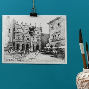 VERONA-Original Zeichnung. Tuschestift Zeichnung. Stadtbild Reise Illustration. Impressionistisches Kunstwerk. Wall Art Italien.