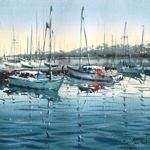 印象派風 水彩画 船の港の風景