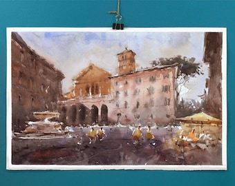 Aquarelle paysage, Rome au crépuscule, Trastevere, peinture impressionniste aquarelle originale unique. Cadeau d'art déco pour maison neuve.