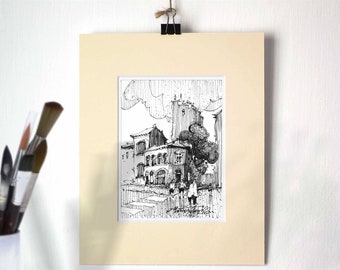 Ink urban sketching art, Black and White drawing of romanian city scene. Original hand draw architecture sketch. Impressionist illustration.
