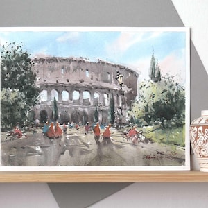 Colosseum Original Watercolor Painting, Rome Urban Landscape Scene. Wall art home decoration.
