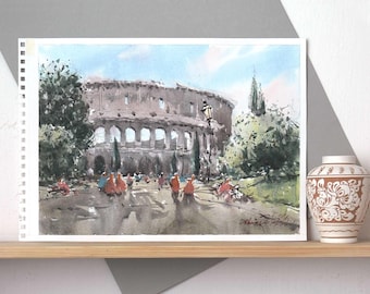 Colosseum Original Watercolor Painting, Rome Urban Landscape Scene. Wall art home decoration.