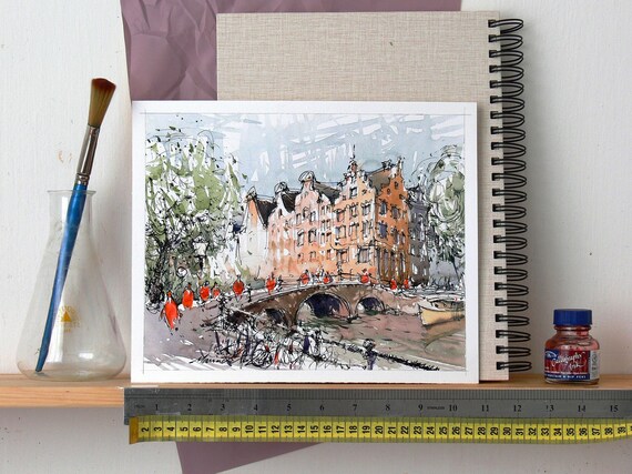 Amsterdam original ink and watercolor urban sketch painting. Amsterdam  watercolor paintings. European cities watercolor fine art images.