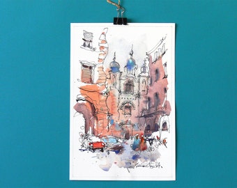 Inkt en aquarel stedelijke schetsen Italiaans straatlandschap.Le Marche Italië aquarel kunstarchitectuur.