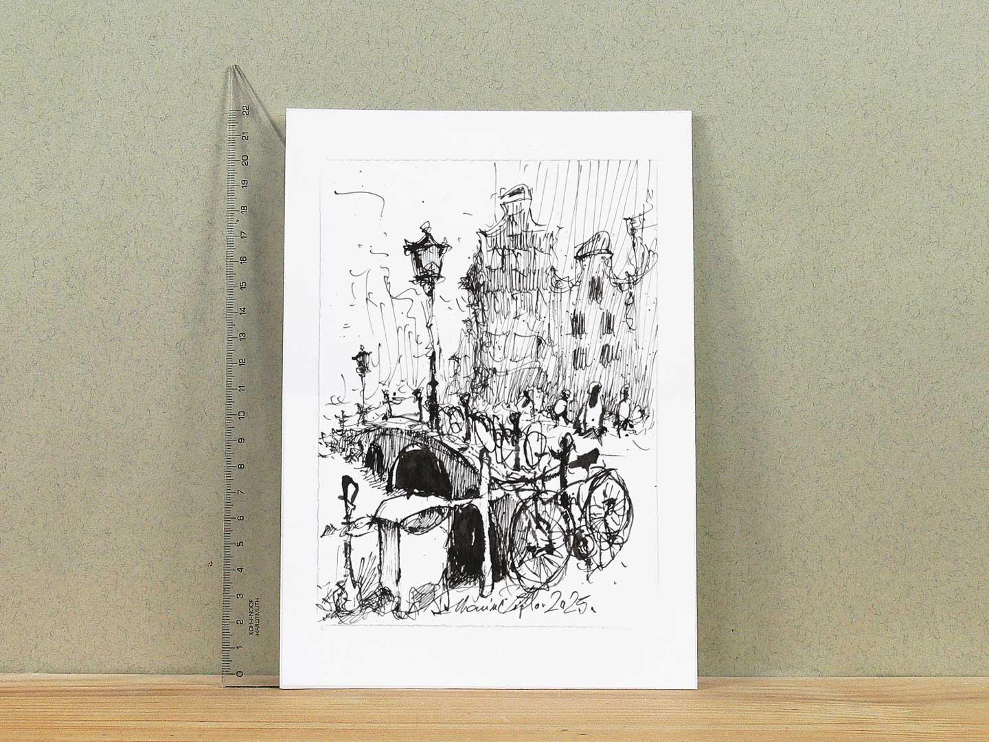 Amsterdam pen drawing. Street Sketching of Amsterdam. Home Decor Artwork.
