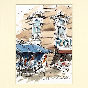 Schizzo urbano di Bucarest, scena di un caffè di strada, città rumena, regalo artistico per l'arredamento della casa.