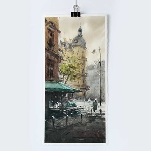 Parijse aquarel, Parijse aquarelkunst, caféscène op de hoek van de straat, Frans stadsgezicht. Origineel kunstdecor aan de muur.