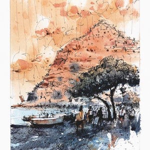 Amalfi Coast, Positano, Italy, Watercolor Painting, Landscape, Aquarelle Art, Original Artwork, Ink Drawing, Sketchbook, Home Decor Art.
