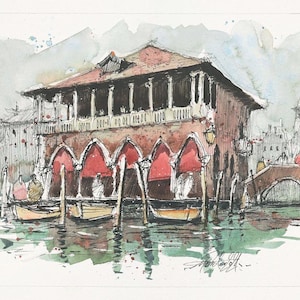Venice Watercolor Art, Pescheria, Venetian Landscape, Cityscape, Venice Ink and Watercolor Wash Painting. Colorful artistic small artwork.