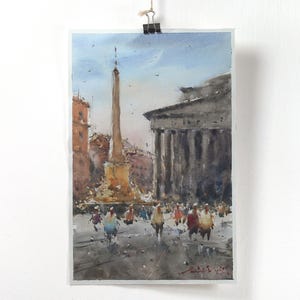 Watercolor painting of Rome, Piazza della Rotonda. Italy original watercolor painting on paper, 2022