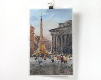 Watercolor painting of Rome, Piazza della Rotonda. Italy original watercolor painting on paper, 2022