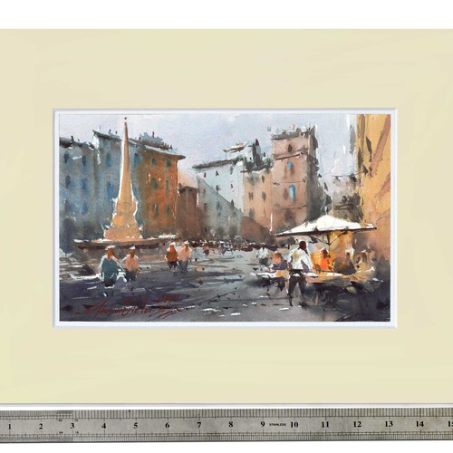 Piazza della Rotonda, Roma, watercolor painting. Obelisco del Pantheon, Colorful italian shops Rome scene watercolour cityscape artwork original