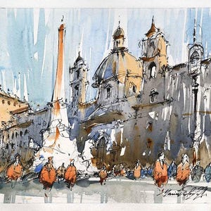 Dipinto ad acquerello di Piazza Navona a Roma, Italia. Veduta artistica di Roma con acquerello.