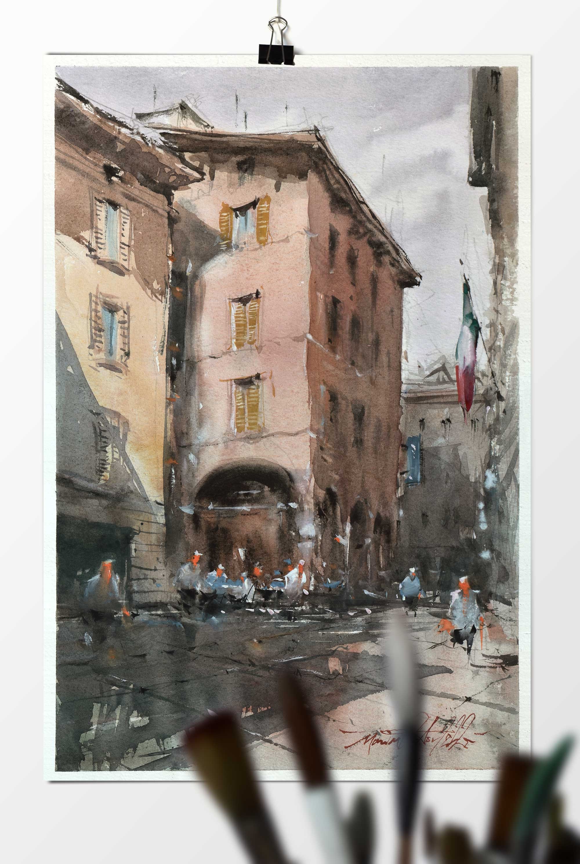 Original ink and watercolor art sketch of street scene in Assisi, Unique  artistic aquarella art. Italian city travel illustration home gift.