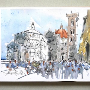 Florence Duomo, Ink Pen and Watercolor Travel  Urban Sketch. Watercolor paintings of Italy. Famous Italian cityscape.
