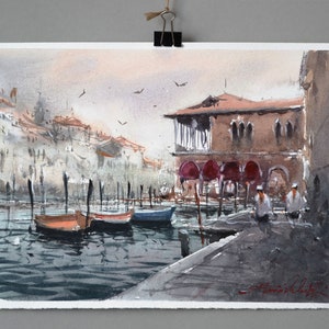 Venice original ink sketch painting. Gondolas, Black and white ink illustration of Venice. Small venetian scene hot wall art decor. Travel art.