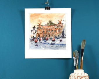 Paris Watercolor Painting, Garnier Opera, Ink and Watercolor Urban Sketch Art. Home Decor Art Illustration, Parisian City Landscape.