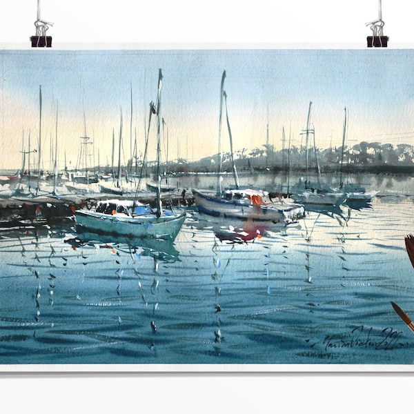 Bateaux dans le port, aquarelle nautique. Paysage marin. Beau bleu de mer peint à l'aquarelle.