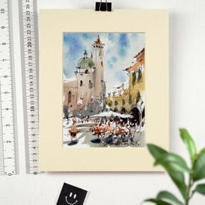Ascoli Piceno colorata, Piazza del Popolo, schizzo di strada urbana, dipinto originale a inchiostro e acquerello.