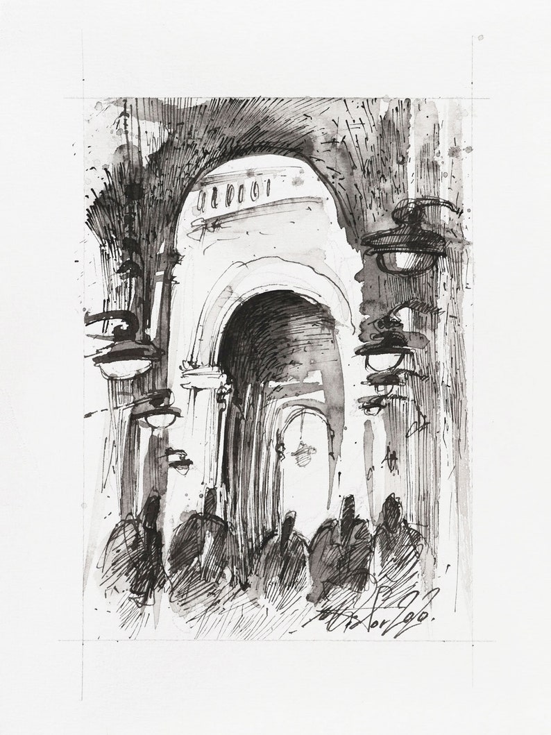 original small drawing sketch 2020 I portici di Bologna Ink drawing on paper