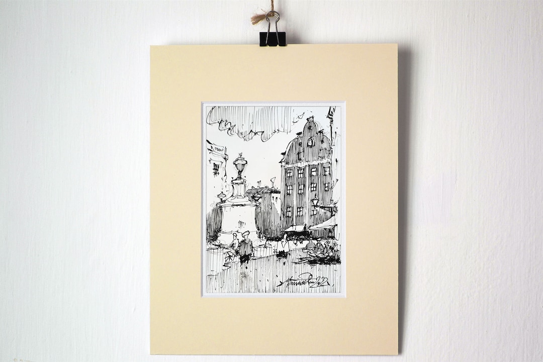 Ink Drawingstockholm City Center. Original Ink Art of Stokholm. Sweden