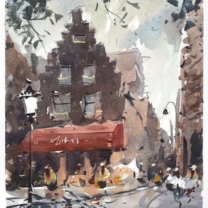 Amsterdam Original Watercolor Painting on Paper. Impressionist Artistic Cityscape. Home decor Art.