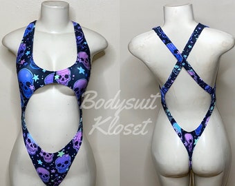 Exotic Dancewear Purple Skull Thong Bodysuit •Stripper Dancewear•Rave Outfits• Club-Attire •by Bodysuitkloset