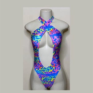 Exotic Dancewear Blupish Cheetah Thong Bodysuit •Stripper Dancewear•Rave Outfits• Club-Attire •by Bodysuitkloset