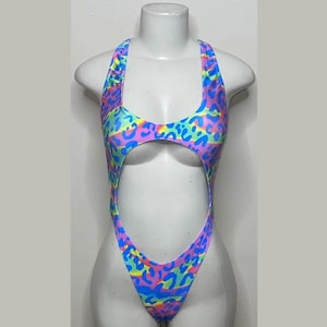 Exotic Dancewear Blupish Cheetah Thong Bodysuit •Stripper Dancewear•Rave Outfits• Club-Attire •by Bodysuitkloset