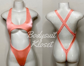 Exotic Dancewear Cantaloupe Thong Bodysuit •Stripper Dancewear•Rave Outfits• Club-Attire •by Bodysuitkloset